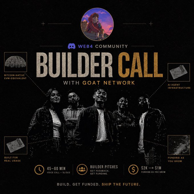 Promotional graphic for the 'WEB4 COMMUNITY BUILDER CALL with GOAT NETWORK,' featuring icons for Bitcoin-native EVM-equivalent, AI Agent Infrastructure, Built for Real Usage, and Funding as You Grow, with details about 45-60 minute voice calls plus slides, builder pitches, and $2K to $1M funding.