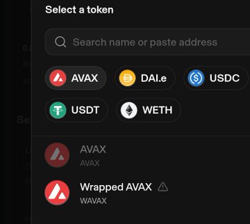 A token selection menu displays options including AVAX, DAI.e, USDC, USDT, and WETH, with AVAX and Wrapped AVAX listed below, illustrating the multi-chain token support envisioned for Sidra DEX across various blockchain ecosystems like Ethereum and Avalanche.