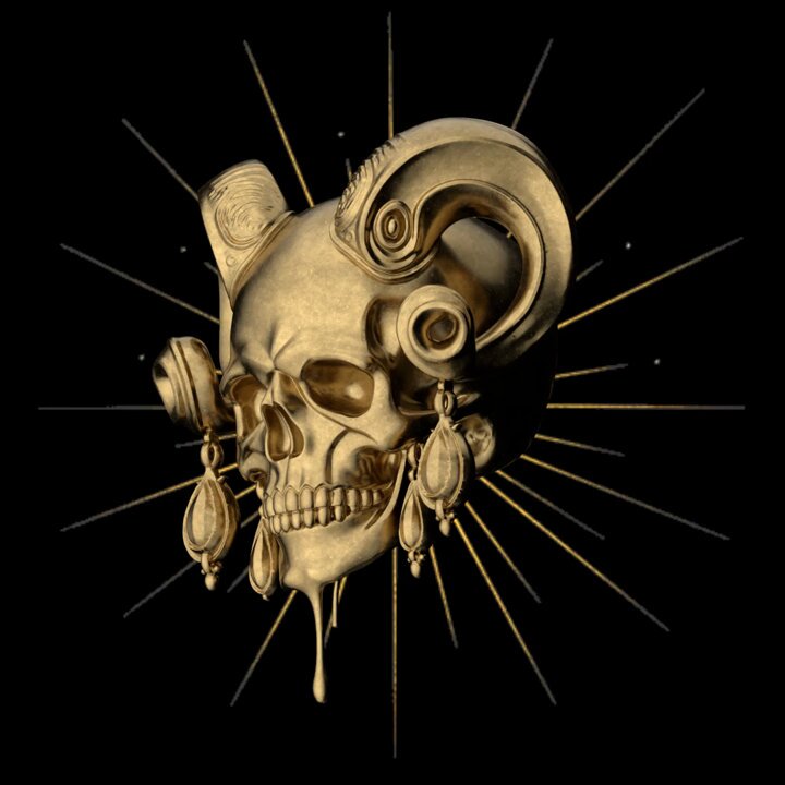 The image features a 3D rendering of a skull with gold accents, including a large pair of horns and a gold-colored eye. The skull is positioned against a black background, which highlights its intricate details. The image also includes text that reads "Fellow digital art collectors, AVAX friends & @salvor_io enthusiasts, @ CryptoSoltan is so back. We once merged 3D & 2D artistry to create this piece: Regalia The auction is live and will run 4 days. Starting bid: ...".