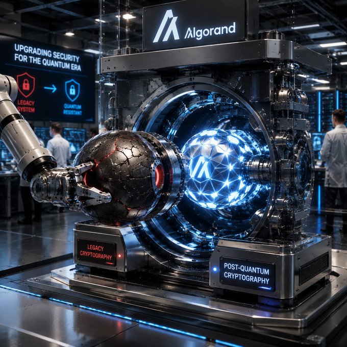 The image features a large machine with a blue ball inside of it, surrounded by a black metal structure that has a sign reading "Algorand Foundation" above it. The machine appears to be a complex piece of technology designed for security purposes or possibly even a game. There are two people in the background observing the machine and its contents.