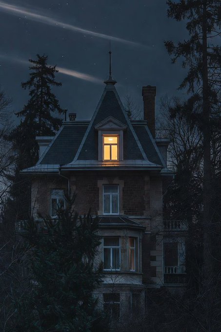 A moody nighttime photograph of a multi-story house with a single warmly lit window, surrounded by dark trees under a starry sky.