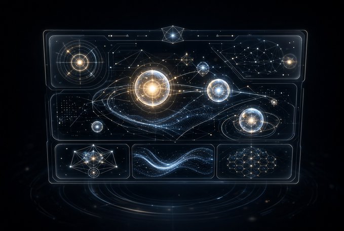 A futuristic, translucent digital interface displaying a complex cosmic scene with glowing orbs, constellations, and orbital lines against a dark background.