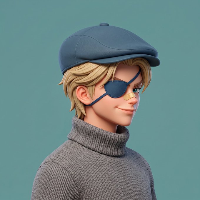 A 3D rendered character portrait of a young man with blonde hair wearing a blue newsboy cap, an eye patch over one eye with a small bandage, and a gray turtleneck sweater against a teal background.