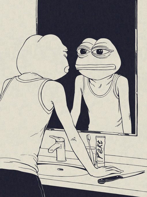 A black and white illustration of a frog-like humanoid figure looking in a bathroom mirror at its own reflection, with a faucet, toothbrush, and 'Tekt' toothpaste tube on the sink.