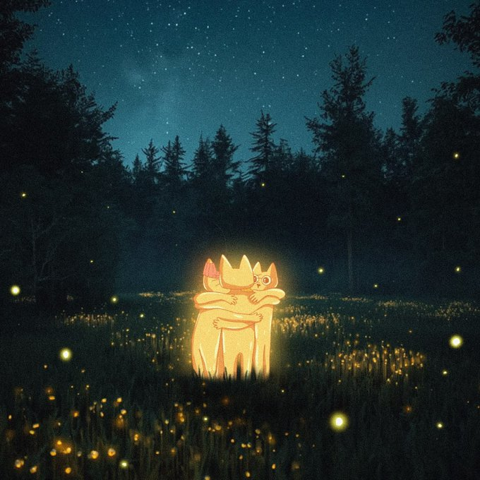 Two glowing fox-like creatures embrace in a moonlit meadow surrounded by fireflies, symbolizing unity and collective victory—reflecting the post's message about winning together through holding $CETS tokens to earn GOLD on BSC.