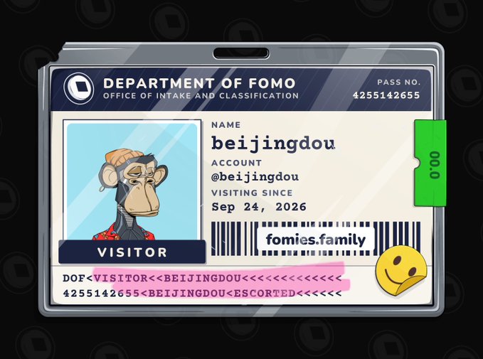 A 'Department of FOMO' visitor badge featuring the beijingdou monkey avatar, with account @beijingdou, visiting since Sep 24, 2026, and the URL fomies.family.