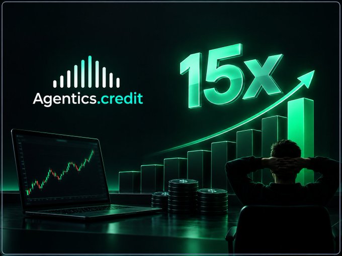 Promotional graphic for Agentics.credit featuring the logo, a person viewing a 15x growth chart, a laptop showing a stock chart, and stacks of coins.