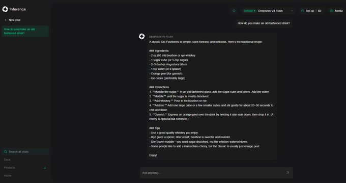 A dark-mode chat interface titled 'Inference' displaying a detailed recipe and instructions for making old-fashioned cocktails in response to a user prompt.
