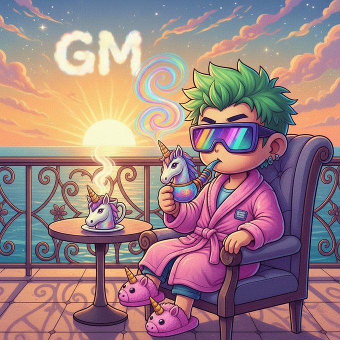 A colorful digital illustration of a green-haired character wearing rainbow sunglasses and a pink bathrobe, drinking from a unicorn mug on a balcony overlooking the ocean at sunset, with 'GM' (good morning) displayed in the sky.