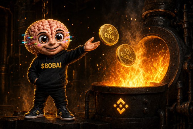 A cartoon brain character wearing a "$BOBAI" hoodie tosses $BOB and $BOBAI coins into a fiery furnace, illustrating the ongoing cycle of coin burning described in the accompanying post.