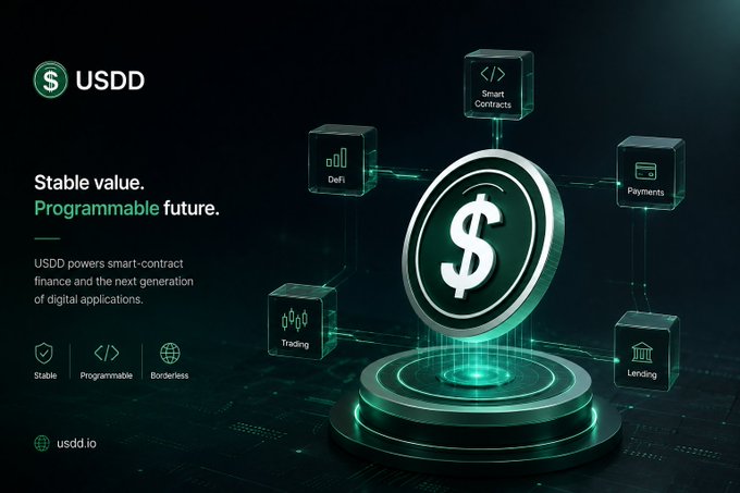 USDD promotional graphic with the tagline 'Stable value. Programmable future.' showcasing features like Smart Contracts, DeFi, Payments, Trading, and Lending, with the URL usdd.io.