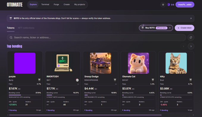 A screenshot of the Otomate dApp’s Explore page displays the “Top bonding” section featuring five memecoins: purple ($7.67K MC, +7270.5%), INKINTOSH ($7.77K MC), Snoop Dodge ($4.44K MC), Otomate Cat ($3.87K MC, -3.45%), and kitty ($3.86K MC, -3.45%), supporting the post’s discussion about graduating Snoop Dodge to unlock its 1,000-piece Companion NFT collection.
