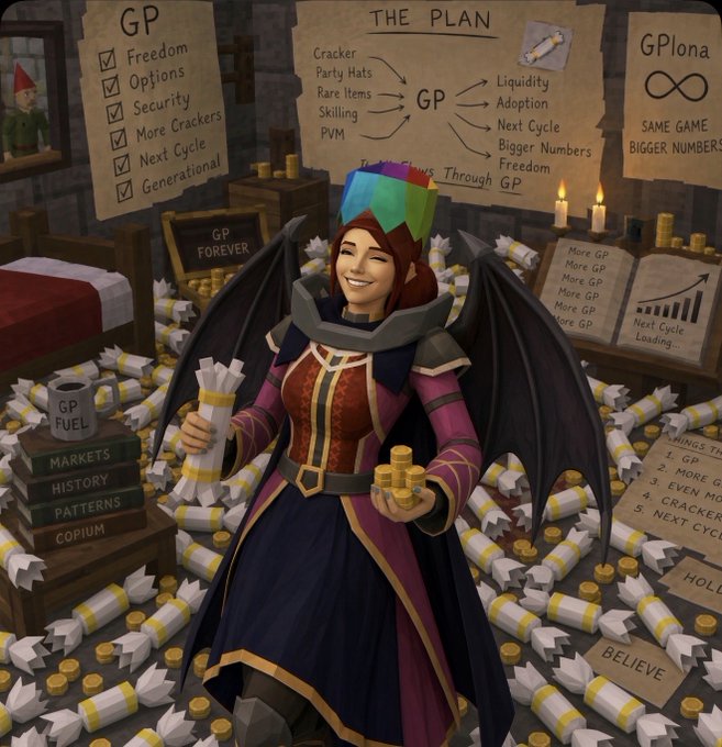 A fantasy-style digital illustration of a smiling woman with bat wings and a rainbow jester hat, surrounded by rockets and gold coins, with signs reading 'GP', 'THE PLAN', and 'GPIona - SAME GAME BIGGER NUMBERS'.