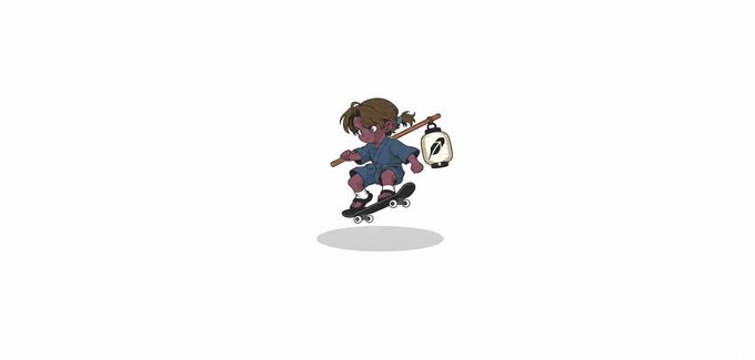 A cartoon character with brown hair, a blue shirt, and a backpack skateboards across a white background, casting a small shadow below. The playful illustration reflects the casual, youthful vibe of the early NFT projects being highlighted on Robinhood App.
