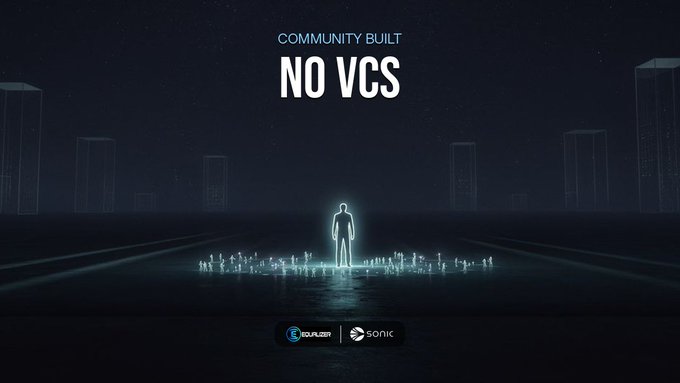 A promotional graphic with the text 'COMMUNITY BUILT NO VCS' featuring a glowing outline of a person surrounded by smaller figures on a dark futuristic road, with Equalizer and Sonic logos at the bottom.