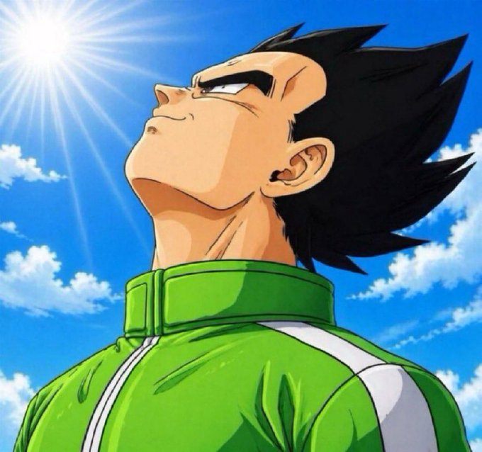 An anime character with spiky black hair confidently looks up toward a bright sun in a blue sky, wearing a green track jacket. This iconic Dragon Ball imagery—resembling Vegeta—captures the "rise and grind" energy of starting the day strong, perfectly matching the "Good morning bros" vibe.