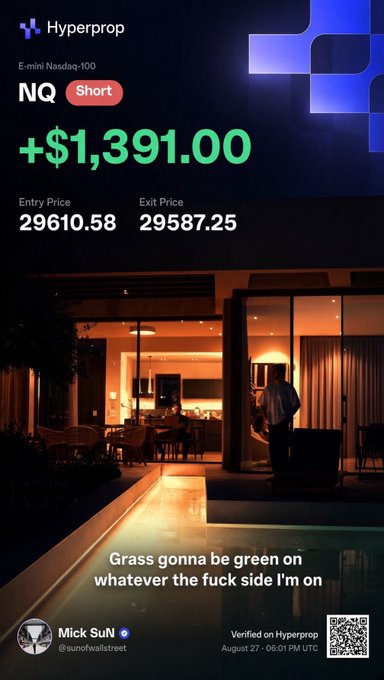 A promotional graphic for Hyperprop shows a short position on NQ (E-mini Nasdaq-100) with a profit of +$1,391.00, featuring entry price 29610.58 and exit price 29587.25, credited to 'Mick SuN' (@sunofwallstreet).