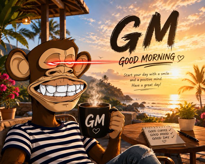 The image features a cartoon monkey holding a cup of coffee, sitting at an outdoor table with a notebook and pen nearby. The background shows palm trees and a sunset over the ocean, creating a serene atmosphere for the scene. The caption on the image reads "Good Morning How often do you watch the sunrise? @NomismaNetwork Super alpha @Racerz_eth & @wallchain". This suggests that the monkey is enjoying his coffee while contemplating the beauty of nature and possibly planning his day ahead, as he takes notes or writes down ideas.