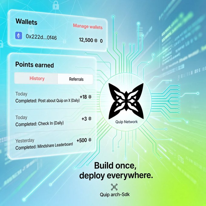 Promotional graphic for Quip Network displaying 'Wallets' with an Ethereum address (0x222d...0f46), 'Points earned' history showing rewards like 'Post about Quip on X (Daily) +18' and 'Check In (Daily) +3', with the tagline 'Build once, deploy everywhere.'