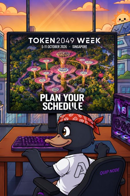 An animated cartoon bird character wearing a red bandana sits at a desk in front of a monitor displaying 'TOKEN2049 WEEK, 5-11 OCTOBER 2026, SINGAPORE' and 'PLAN YOUR SCHEDULE.'