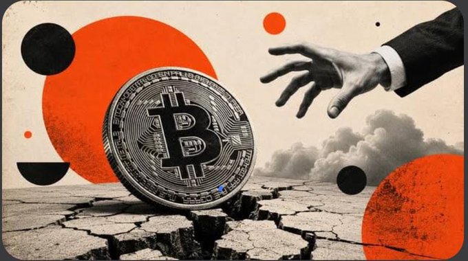 The image is a stylized digital collage featuring a large silver Bitcoin coin resting on cracked earth, with a black-and-white photograph of a hand reaching toward it set against an orange and beige abstract background. This visually echoes the post's warning about BTC showing bearish signals near $64K, with the reaching hand and cracking ground symbolizing market instability and the critical $66.8K resistance test ahead.
