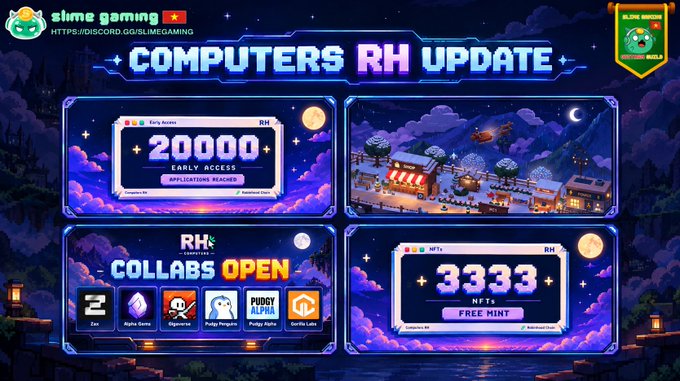 A 'COMPUTERS RH UPDATE' promotional graphic for 'slime gaming' Discord shows four panels featuring early access pricing of '20000', a game scene, 'COLLABS OPEN' with 2K, Alpha Game, and Pudgy Penguins logos, and '+3333 NFT FREE MINT'.