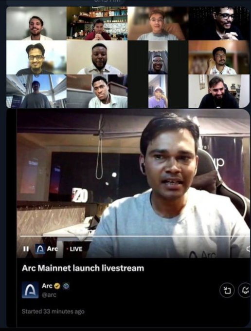 The image shows a livestream titled "Arc Mainnet launch livestream" on X/Twitter, featuring a main speaker in a large view alongside a grid of smaller participant video feeds above. The post mocks the Arc blockchain community by sarcastically commenting on the "Indian devs" participating in the launch livestream, dismissing the team and joking about returning to "big bro Vlad's pig trough" (referencing Tron and Justin Sun).