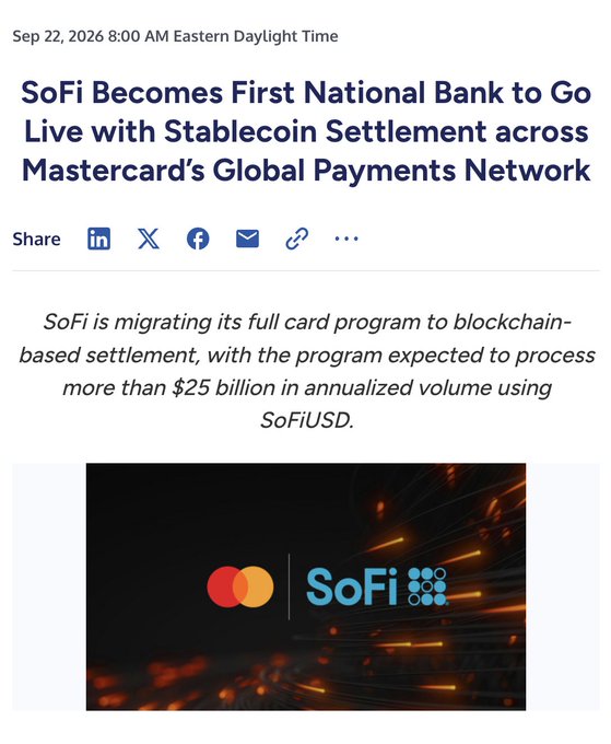 A news article headline dated Sep 22, 2026, reads 'SoFi Becomes First National Bank to Go Live with Stablecoin Settlement across Mastercard's Global Payments Network', featuring SoFi and Mastercard logos.