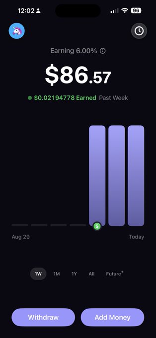 A smartphone screenshot of a savings or investment app showing a balance of $86.57, earning 6.00%, with $0.02194778 earned in the past week.