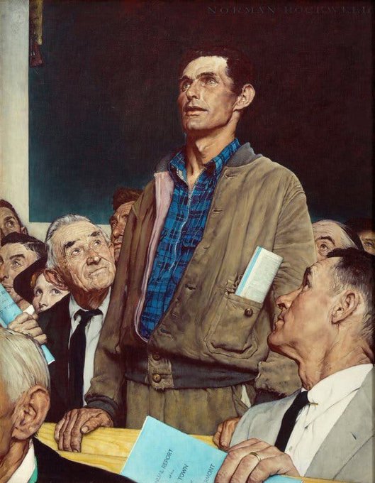 This is Norman Rockwell's famous "Freedom of Speech" painting (1943), showing a young man standing tall at a town meeting while surrounded by older, seated community members, with the partial text "TOWN REPORT" visible on the paper in his pocket. The image relates to the post about being "underexposed to $seedcoin" by symbolizing grassroots conviction and speaking up—suggesting that bold, independent voices often stand out among skeptics, just as investors who advocate for undervalued assets must find the courage to speak above the crowd.