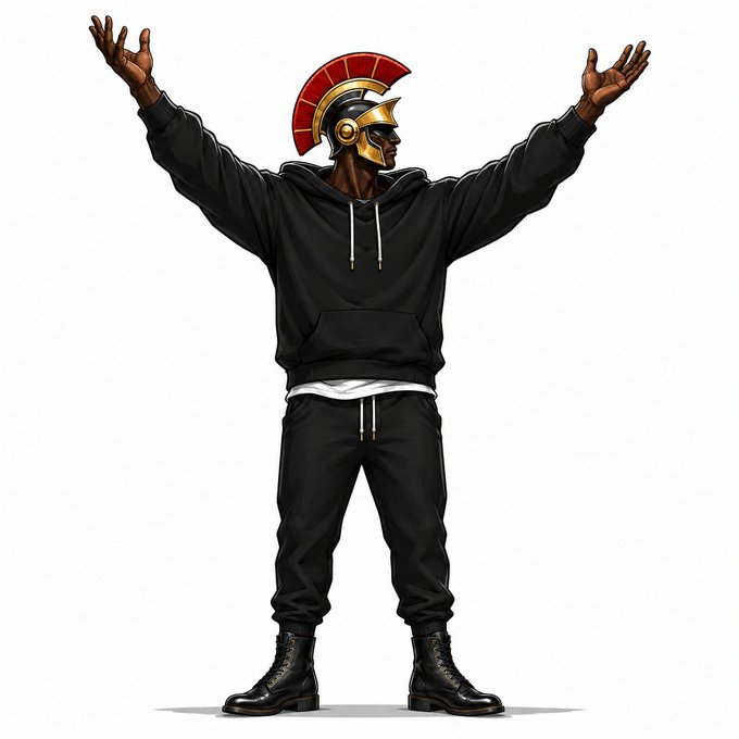A digital illustration of a figure in a black tracksuit and boots wearing a golden Roman-style gladiator helmet, standing with arms raised in a victorious pose.