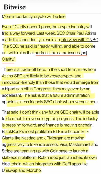 An article from Bitwise discussing the crypto industry's future, highlighting that 'crypto will be fine' even if regulatory Clarity doesn't pass, mentioning SEC Chair Paul Atkins and institutional adoption by BlackRock, Nasdaq, JPMorgan, Visa, Mastercard, Stripe, Coinbase, and Robinhood.