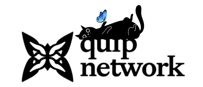 The logo for 'qump network' featuring a black cat with a blue butterfly above it, alongside a decorative butterfly emblem.