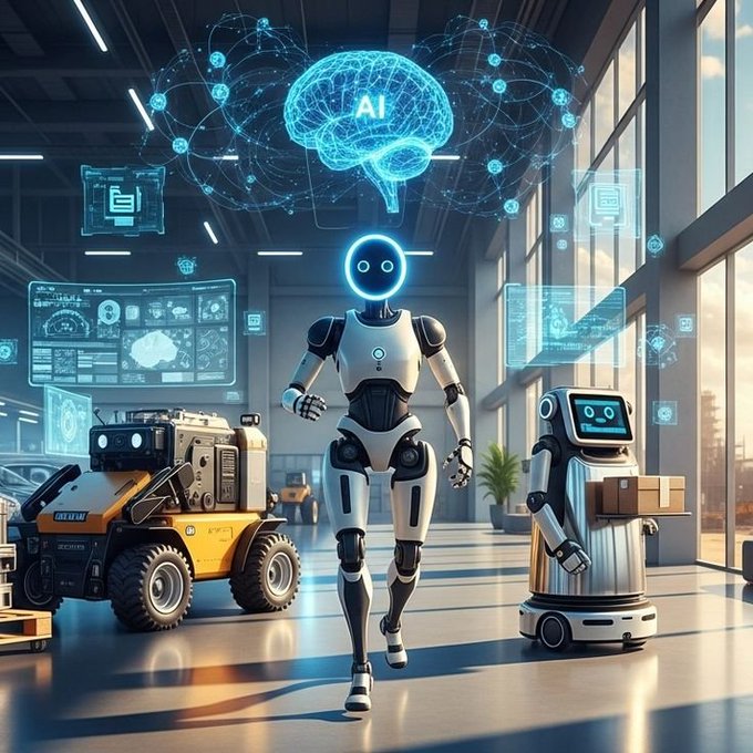 A futuristic illustration of a humanoid robot walking in a modern facility alongside other robots, with a glowing holographic brain labeled "AI" floating above and various digital interface screens visible.