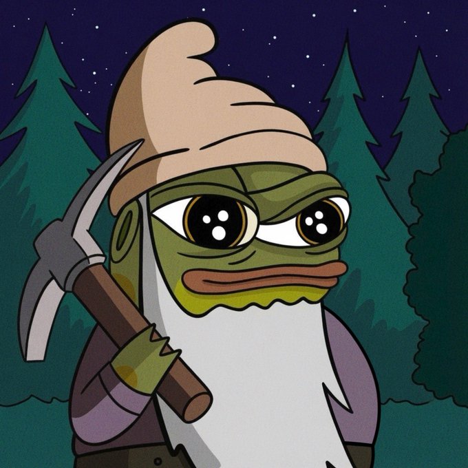 A cartoon illustration of Pepe the Frog dressed as a miner or woodsman, wearing a hat and holding a pickaxe against a starry night background with trees.