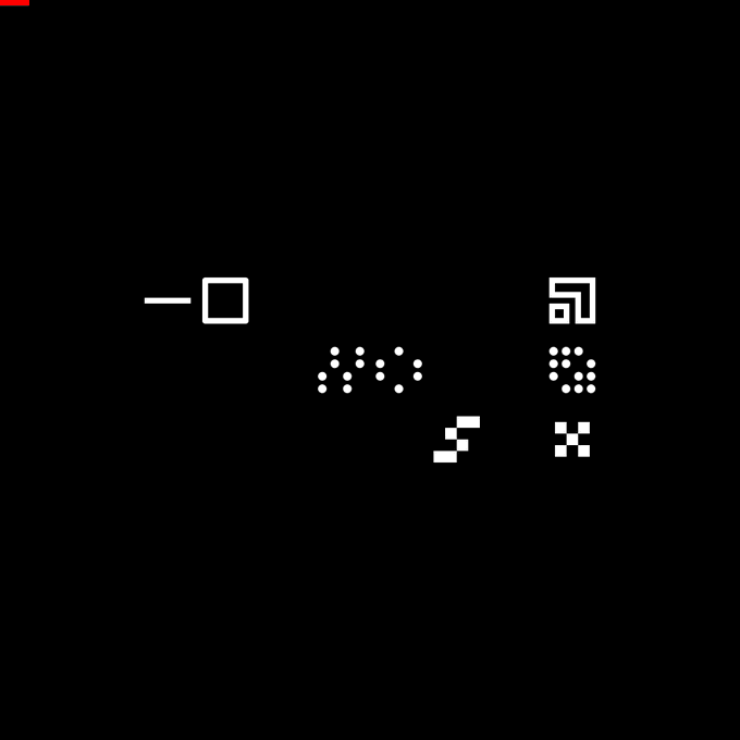 A minimalist black and white pixel art image featuring simple geometric symbols and patterns arranged on a black background.