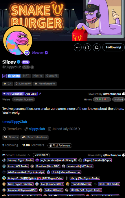 A Twitter/X profile page for 'Slippy' (@Slippyclub) featuring a snake character mascot, with bio text 'Twelve personalities, one snake, zero arms. none of them knows about the others. You're early.' and links to t.me/Slippyclub.