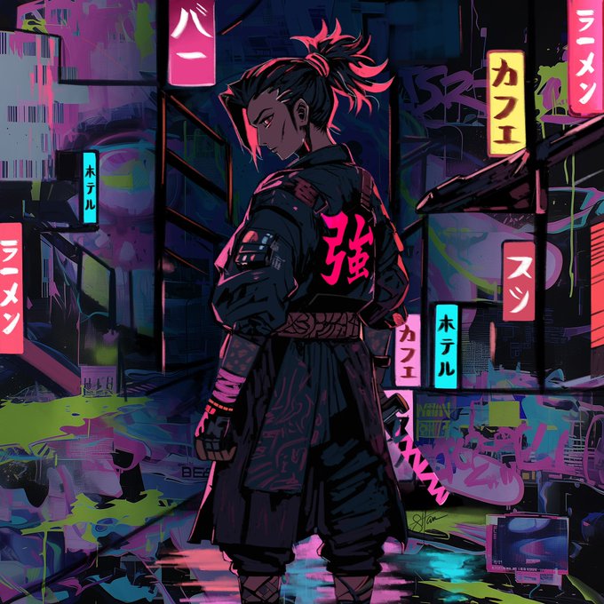 A digital illustration of a warrior with a pink-streaked ponytail standing in a neon-lit cyberpunk street, wearing a jacket with a pink kanji character on the back, surrounded by Japanese signage including 'ラーメン' (ramen), 'カフェ' (cafe), and 'ホテル' (hotel).