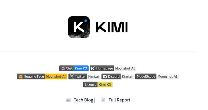 The image displays the KIMI K3 logo alongside links to its Chat, Homepage, Hugging Face, Twitter, Discord, ModelScope, License, Tech Blog, and Full Report pages, representing the official release of Moonshot AI's K3 model. The badges confirm the model weights and technical report are now publicly available as announced.