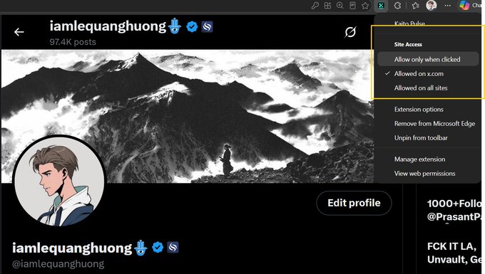 The image shows a Twitter/X profile page for "iamlequanghuong" (97.4K posts) with a mountain landscape header, where a browser extension menu for "Kaito Pulse" is open displaying site access options. The highlighted extension interface illustrates the Kaito Pulse tool mentioned in the post, which delivers verified Polymarket and Hyperliquid activity directly to users' X timelines as part of the new Aura scoring system.