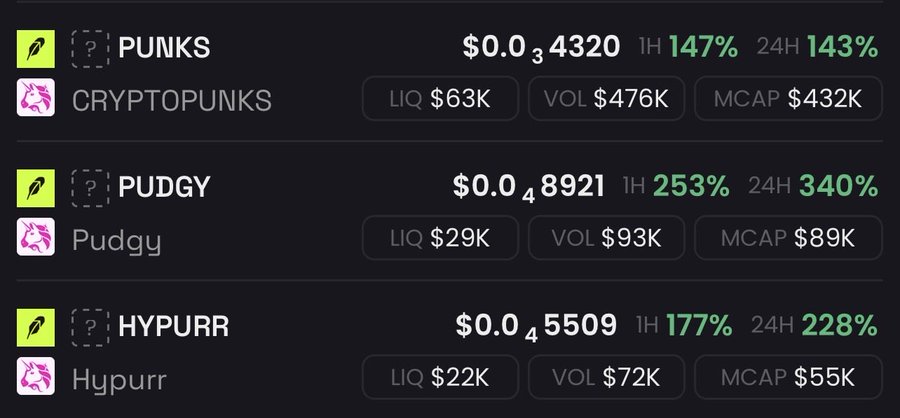A cryptocurrency listing page displays tokens PUNKS ($0.034320), PUDGY ($0.048921), and HYPURR ($0.045509) with significant percentage gains in green text.