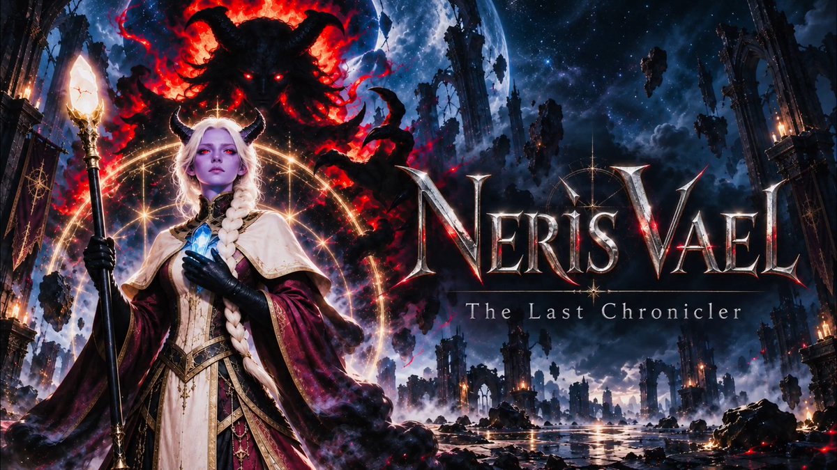 A promotional image for "NERIS VAEL: The Last Chronicler" featuring a horned, white-haired figure holding a glowing staff and crystal against a backdrop of crumbling gothic ruins and a looming shadow demon. This artwork visually represents the character vision from the Heroes of Valdir collection update, celebrating @ai_animer's creative contribution to the ZarGates project.