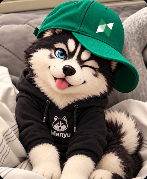 AI-generated image of a cute husky puppy wearing a green baseball cap and a black hoodie with a husky logo and the name 'Manyu' printed on it.