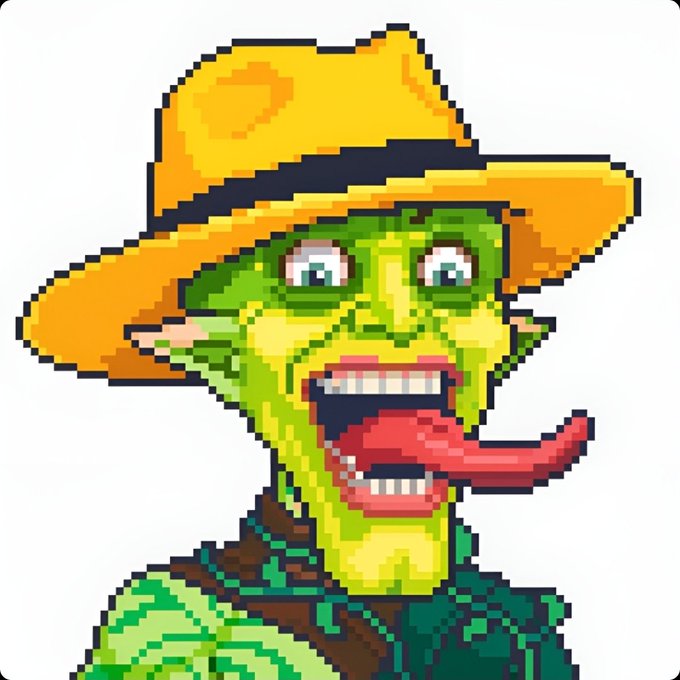 A pixel art portrait of a green-skinned goblin-like character wearing a yellow hat, with a wide open mouth and a long red tongue extending outward.