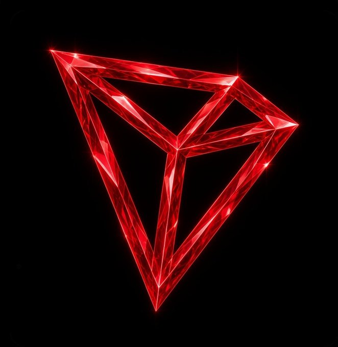A red crystalline triangular logo with a 'Y' shape inside, resembling the TRON (TRX) cryptocurrency symbol, glowing against a black background.