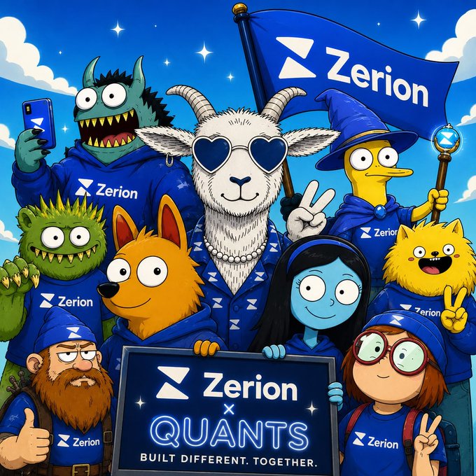 A vibrant cartoon illustration features a diverse cast of quirky characters—including a horned goat wearing heart-shaped sunglasses, monsters, a wizard, and a blue-skinned girl—all dressed in blue "Zerion" branded apparel, with a banner reading "Zerion x QUANTS — BUILT DIFFERENT. TOGETHER." The image visually celebrates Zerion's collaboration with Quantio, reflecting the post's announcement of their partnership to build AI-powered research, trading, and asset management companions, with a Discord raffle planned for the community.