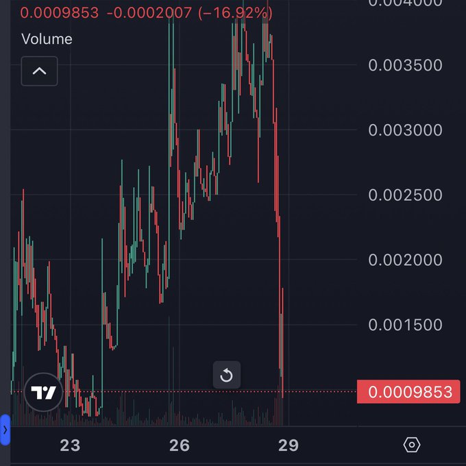 A cryptocurrency trading view chart shows a steep decline of 16.92% (-0.0002007) to 0.0009853, with the price plummeting from around 0.0035 over a few days, contradicting the post's joke about "going to 9 figs" (nine figures) as the asset is clearly trading at tiny fractional values well below even one cent.