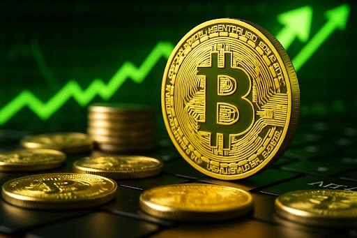 A golden Bitcoin coin stands upright on a keyboard with a green background showing an upward-trending chart line and two arrows pointing diagonally up.