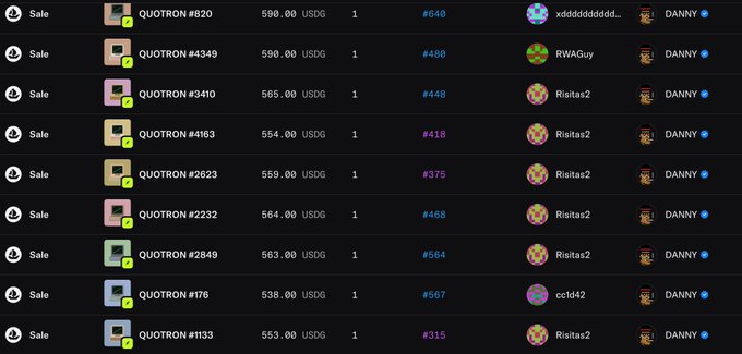 The image displays a transaction history on what appears to be an NFT marketplace, showing multiple sales of QUOTRON NFTs priced between $538-$590 USGD by various users (xdddddddddd, RWAGuy, Ristas2, cc1d42) to buyer DANNY. This illustrates the post's claim about the rising floor price, as these recent sales are all well above the $330 floor price mentioned, with some reaching $590, demonstrating a rapid price increase of approximately $550 at the higher end.