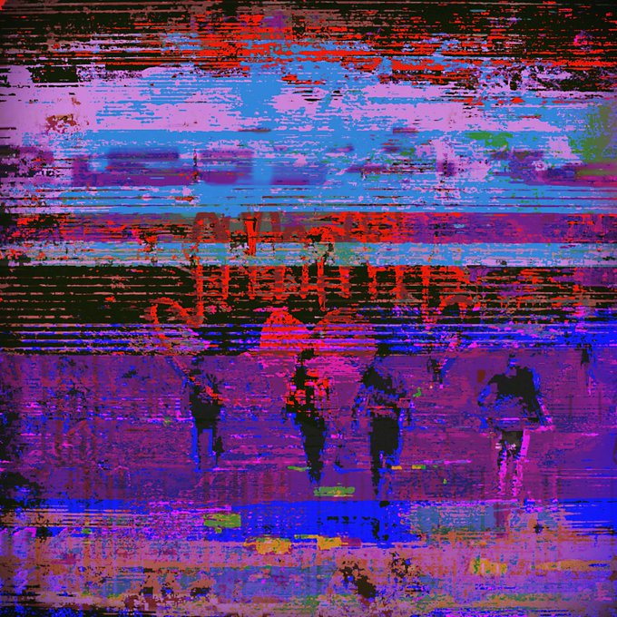 A heavily glitch-distorted image with vivid red, blue, and purple horizontal streaks obscuring figures that appear to be walking or running.